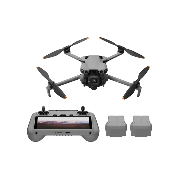 A gray drone with four propellers, a camera, a remote controller with a screen, and two batteries.